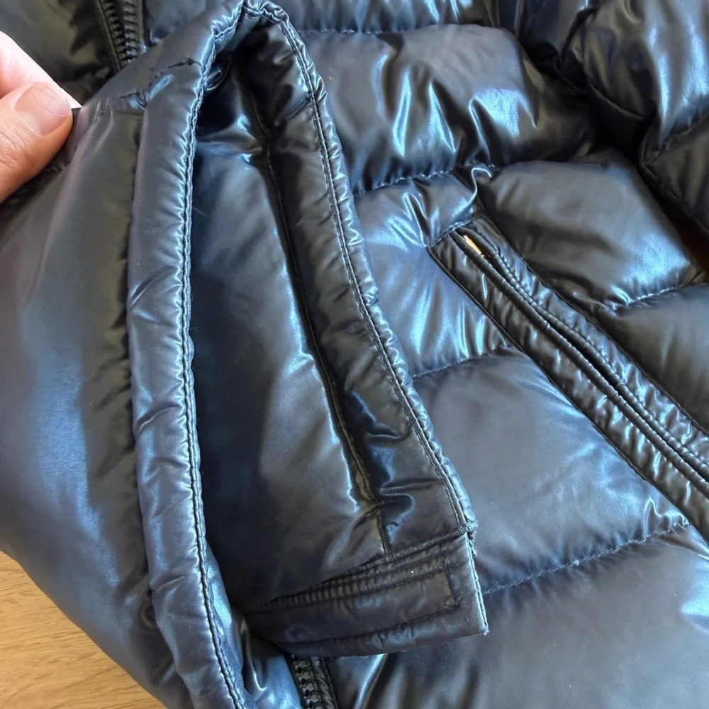 Moncler New Maya Down Jacket in classic navy blue, boys size 8.